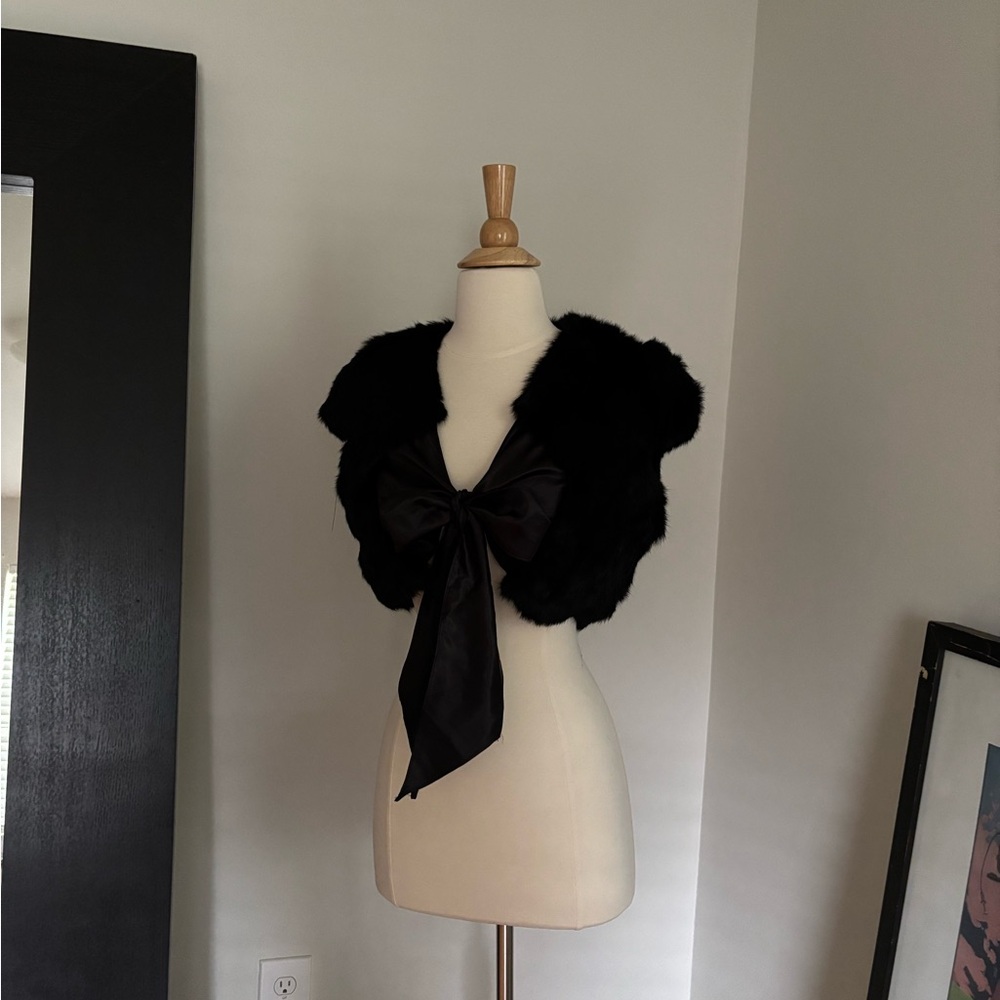 Elegant Black Fur Shrug with Satin Bow